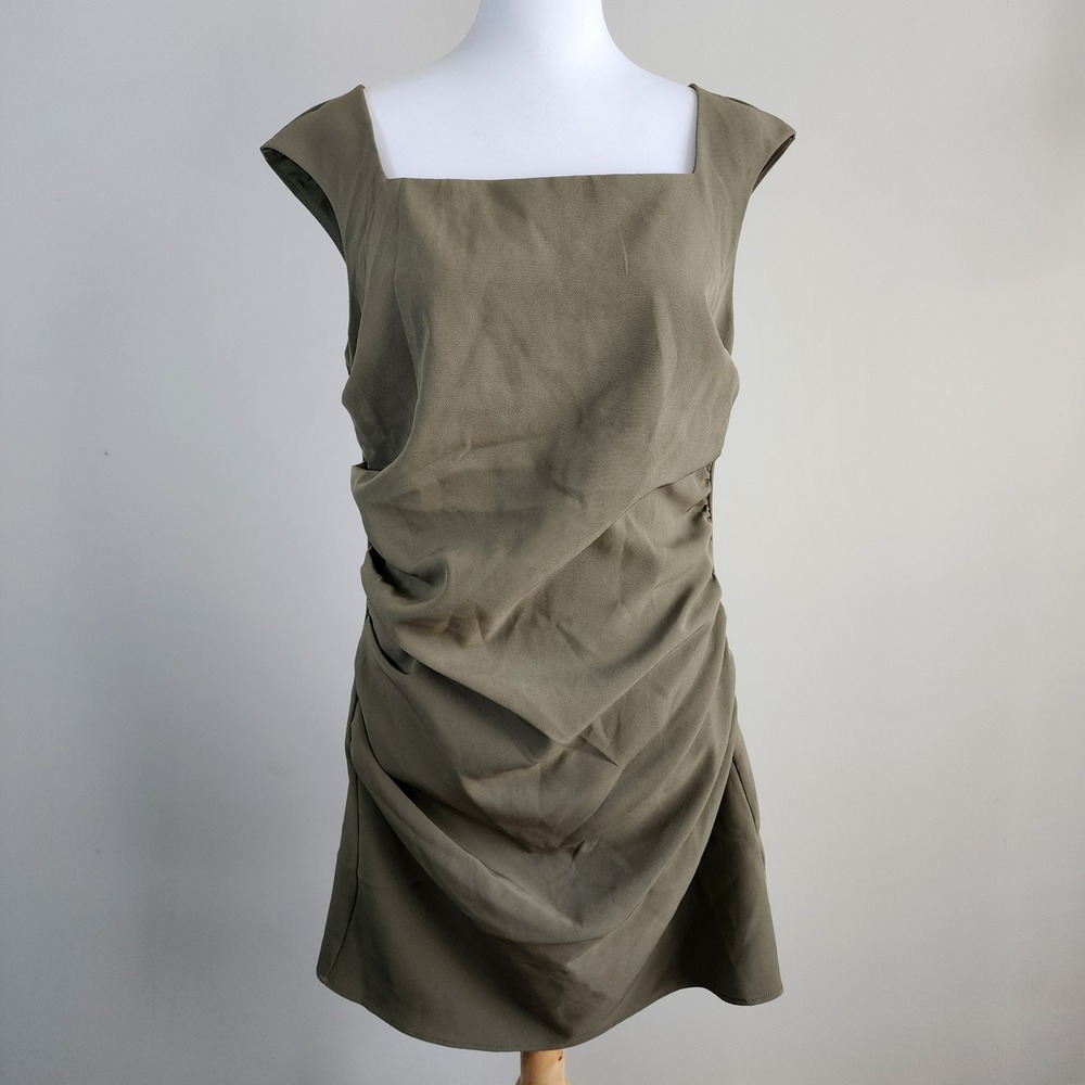 NEW H&M Ruched Mini Dress Womens Medium Olive Green Square Neck Cocktail Party
